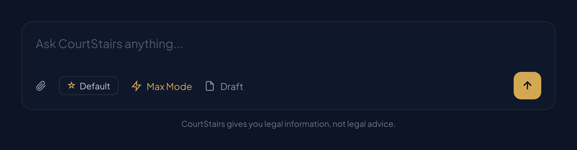 The CourtStairs composer, showing the style selector and the Max Mode and Draft toggles below the message box.